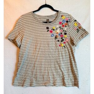 Anthropologie Embroidered Striped T Shirt Women's Size Medium Gray Floral Sequin